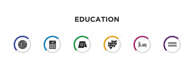 education filled icons with infographic template. glyph icons such as atomic theory, check list, booked, comedy mask, book shelf, books couple vector.