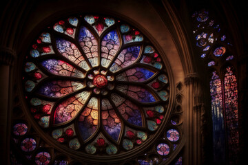 Colorful rose stained glass window in Notre Dame Cathedral, Paris, France, Generative Ai