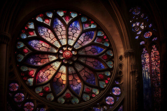 Colorful rose stained glass window in Notre Dame Cathedral, Paris, France, Generative Ai