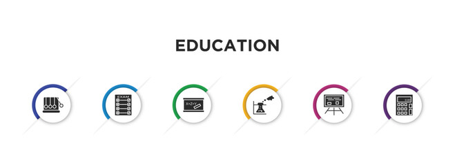 education filled icons with infographic template. glyph icons such as newton cradle, final test, blackboard eraser, experimentation, writing whiteboard, adding hine vector.