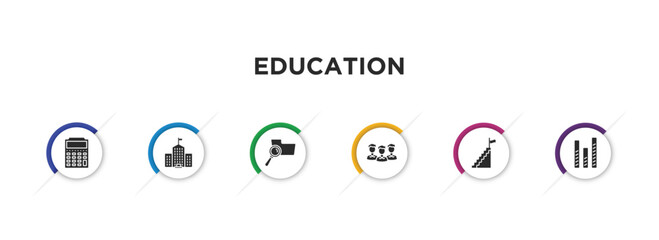 education filled icons with infographic template. glyph icons such as small calculator, university, searching files, group of people, steps to complete, bars vector.