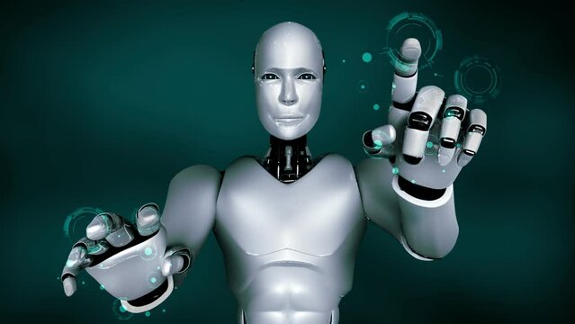 Futuristic robot artificial intelligence huminoid AI programming coding technology development and machine learning concept. Robotic bionic science research for future of human life. 3D rendering.