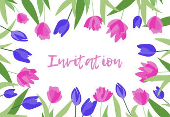 Flower square banner. White background. Tulips and leaves on a white background with copy space. Pink, red, purple, green colors, flower pattern of tulip. Bright saturated colors, square composition