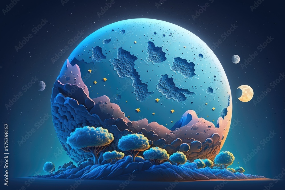 Poster Fantastic blue surface illustration of the planet Moon, featuring a cartoon landscape dotted with craters and set against a starry sky. Generative AI