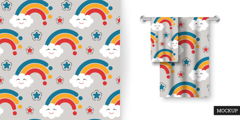 Seamless pattern with rainbow and star. Childish background with cartoon rainbows. Vector illustration in flat style. Design for textile, paper, fabric. Mockup.
