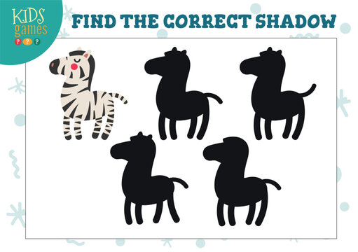 Find the correct shadow for cute cartoon zebra educational preschool kids mini game