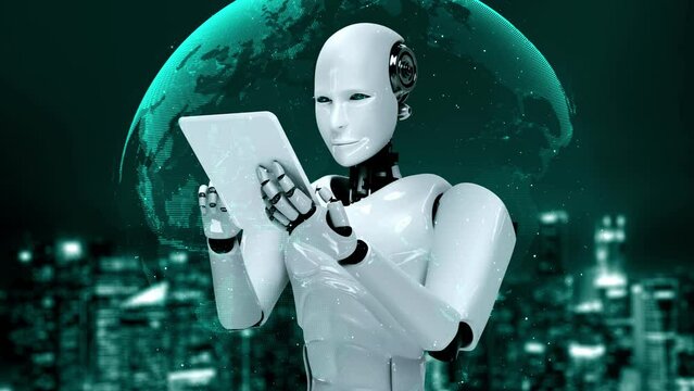 Futuristic robot artificial intelligence huminoid AI programming coding technology development and machine learning concept. Robotic bionic science research for future of human life. 3D rendering.