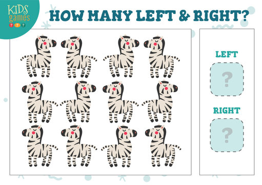 How many left and right cartoon zebras kids counting game vector illustration