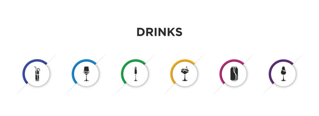 drinks filled icons with infographic template. glyph icons such as blue lagoon, glass with wine, french 75, last word drink, , wine toast vector.