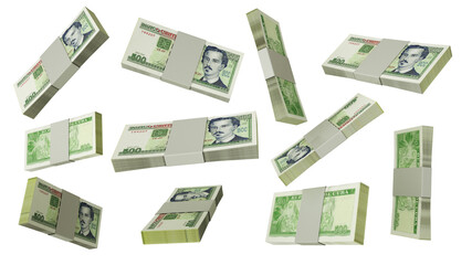 3D rendering of  stacks of 500 Cuban Peso notes flying in different angles and orientations