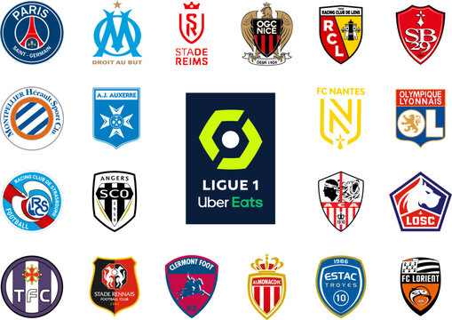 Ligue 1 Season 2022-23.France, Saint-Germain, Marseille, Nice, Clermont, Lens, Angers, Strasbourg Alsace, Lyonnais, Lorient, Ajaccio, Lille, Brestois, Nantes, Auxerre, Troyes. Kyiv,Ukr - Feb 25, 2023
