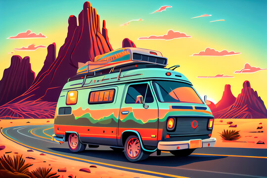 hipster tourist bus in the desert illustration. Generative AI