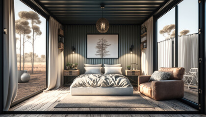 Luxury Shipping Container Home with High-End Bedroom and Premium Living Room Interior Design - an exquisite wallpaper background featuring a luxurious and high-end bedroom in a shipping container home