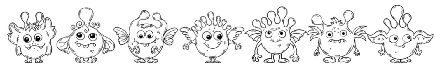 A set of seven round monsters. Cute gremlins for colouring in. Isolated microbes. Cartoon creatures. Cute aliens.