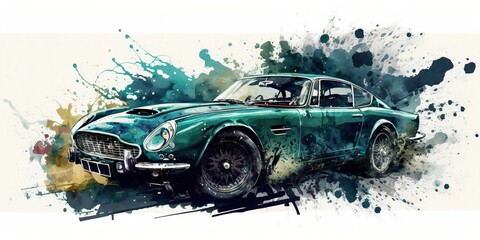 Green Sports Car Watercolor Painting, Generative Ai