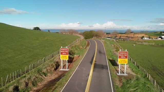Hobbiton area in Matamata, New Zealand. Aerial panoramic view of beautiful hills from drone viewpoint