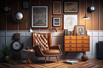 Contemporary retro home furnishings, including a brown armchair, a wooden bookcase, a pendant lamp, a carpet, picture frames, and stylish personal accessories. Template. Generative AI