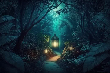 Nighttime journey through a mysterious tropical forest with a magical light in a fairytale jungle, Generative Ai