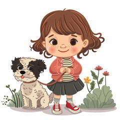 Cute little girl walking the dog in the park. Vector illustration.