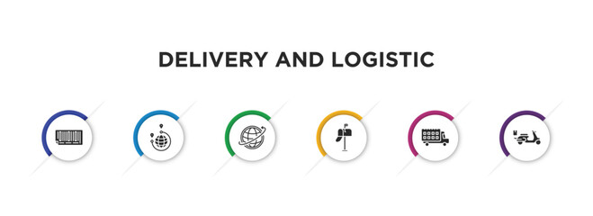 delivery and logistic filled icons with infographic template. glyph icons such as bar code, distribution, worldwide delivery, postbox, delivery date, scooter vector.