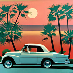 Cartoon touristic retro car illustration. AI generated illustration