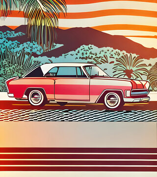 Cartoon touristic retro car illustration. AI generated illustration