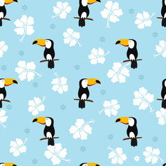 Seamless tropical pattern. Vector background with toucans and flowers
