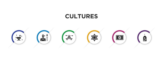 cultures filled icons with infographic template. glyph icons such as blacksmith, native, trebuchet, david, israel star of david, muslim praying vector.