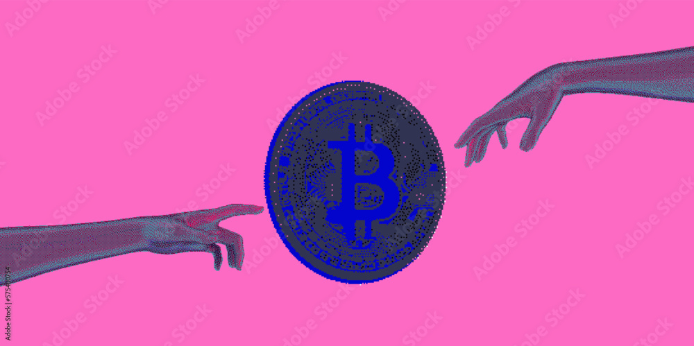 Poster pixel art of a 3d bitcoin currency on a pink background.