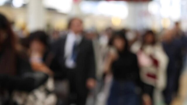 Blurry Metro Train Station Platform in Tokyo. Underground Metro Train Station During Rush Hour. People Leaving Station and Walking on Platform