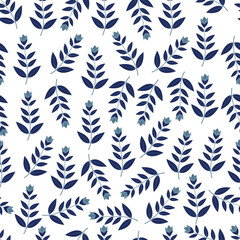 Allover floral seamless surface pattern. Aesthetic tileable arrangement of brunches of leaves. Repeat Foliage textured background