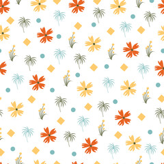 Allover printed floral seamless surface pattern of bunch of aesthetic flowers, polkadots and squares. Exquisite floral arrangement