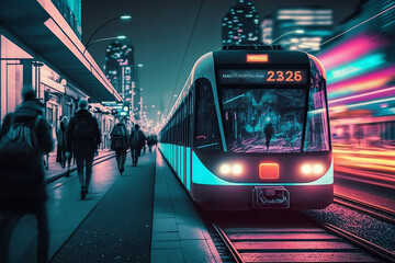 Urban mass transit of the future. Tramway at a station, night in the city. AI generated illustration.