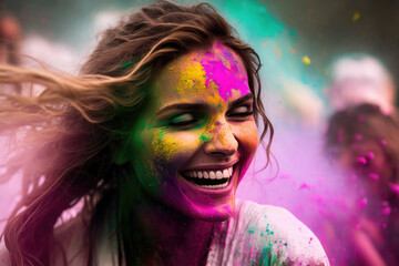 Obraz premium Crowd throwing bright coloured powder paint in the air, Holi Festival,generative ai.