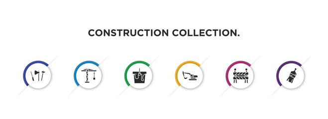 construction collection. filled icons with infographic template. glyph icons such as tools, crane, paint bucket, excavator, barrier, brush vector.