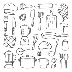 Kitchen tools doodle set. Cooking utensil in sketch style. Hand drawn vector illustration isolated on white background