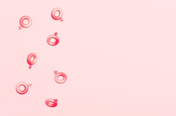 3d render, 3d rendering, women female symbols on pink background, a lot of feminine signs with copy space for text