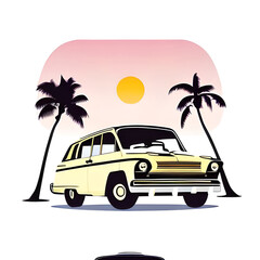 Cartoon touristic retro car illustration. AI generated illustration