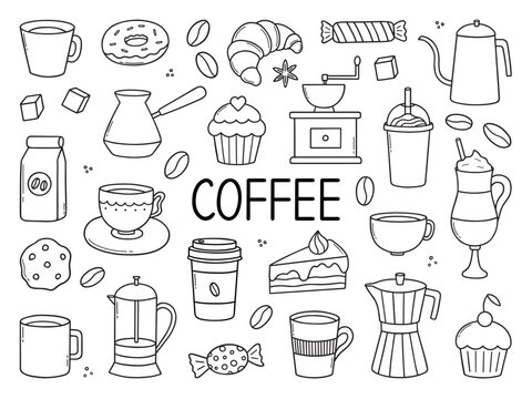 Coffee time doodle set. Teapots, cups, turk and sweets in sketch style.  Vector illustration isolated on white background.