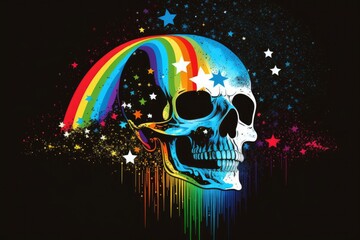 Pop art depiction of a human skull with rainbows emanating from its eyes, set against a night sky filled with stars. Generative AI