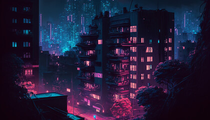 Metaverse city bioluminescent neon background, AI Generative
