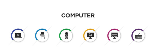 computer filled icons with infographic template. glyph icons such as open laptop on, school desk, tv controller, computer folder, computer and monitor, classroom keyboard vector.