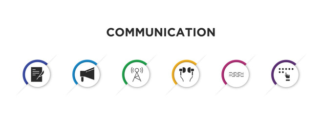 communication filled icons with infographic template. glyph icons such as writing letter, bullhorn, radio antenna, hands free, morse code, news reporter vector. © IconArt