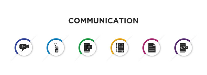 communication filled icons with infographic template. glyph icons such as video chat, transmitter, mobile chat, public phone, pager, mobile with envelope vector.