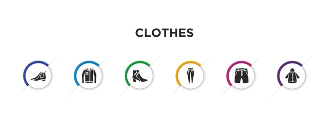clothes filled icons with infographic template. glyph icons such as leather chelsea boots, denim jacket, ankle boots, pegged pants, chino shorts, nylon jacket vector.