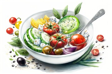 Fresh veggies and tomato in a Greek salad in a white bowl on a white background. Generative AI