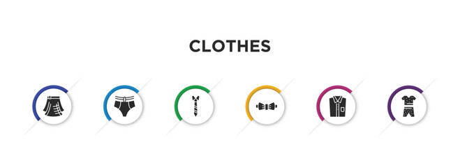 clothes filled icons with infographic template. glyph icons such as kilt, knickers, necktie, butterfly tie, chemise, pyjamas vector.