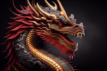 Obraz premium A dragon with gold and red colors is on a dark background. Generative ai