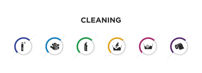 cleaning filled icons with infographic template. glyph icons such as air freshener, hands, bleach, delicate, cold water, paper roll vector.