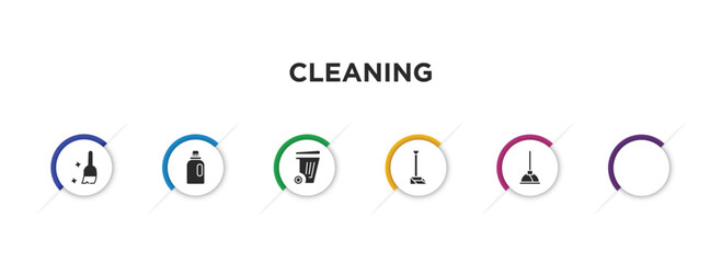 cleaning filled icons with infographic template. glyph icons such as sweeping, charwoman, softener, garbage, dust pan, plunger vector.